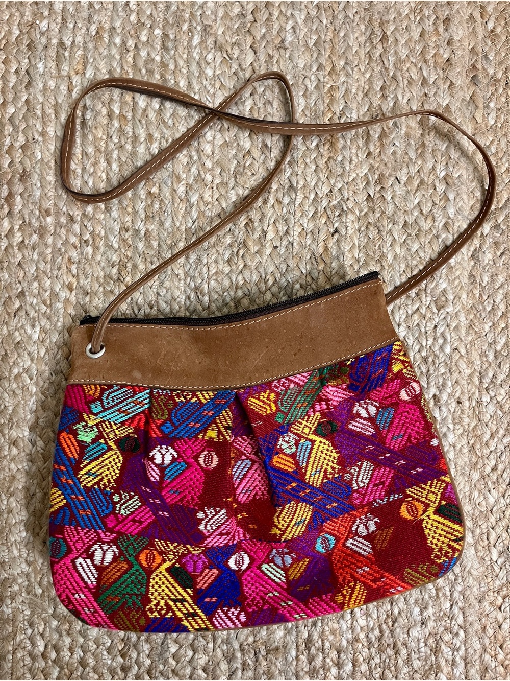 Guatemalan Mayan Artisan Embroidered Woven & Brown Suede Crossbody Bag Boho